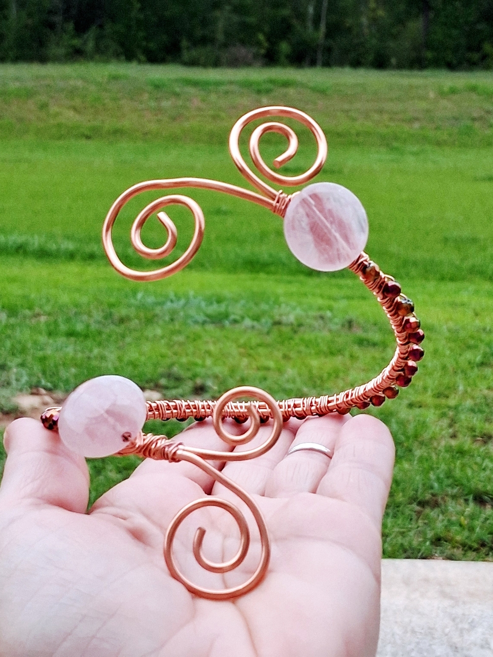 Copper & Crystal Arm Cuff with Rose Quartz & Hematite Accents